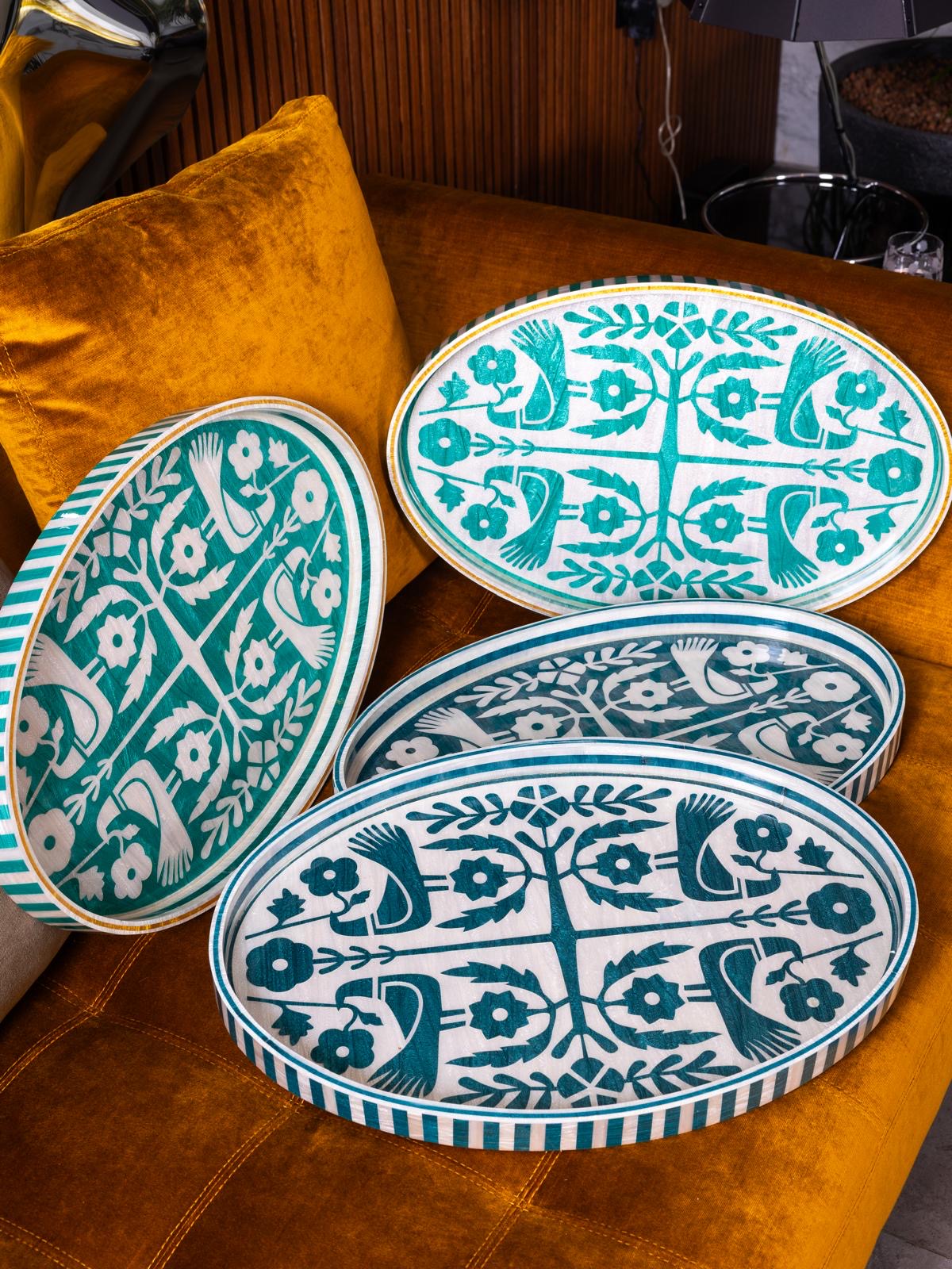 Love Bird Oval Ivory Teal Tray