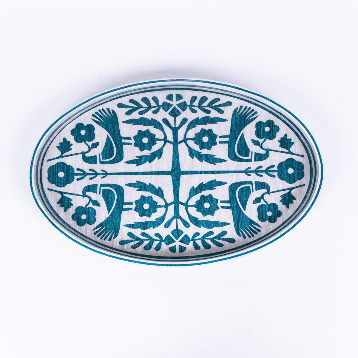 Love Bird Oval Ivory Teal Tray