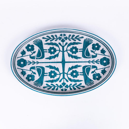 Love Bird Oval Ivory Teal Tray